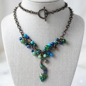 Vintage Peacock Statement Necklace with Beaded Accents